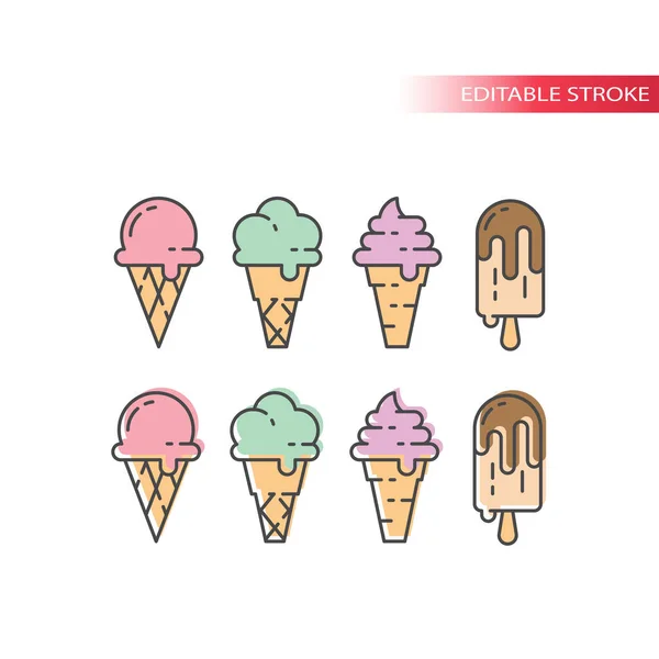 冰淇淋与晶圆锥彩色图标集 冰淇淋粉色 薄荷和巧克力 五彩缤纷的填充 可编辑的线条图标 — 图库矢量图片