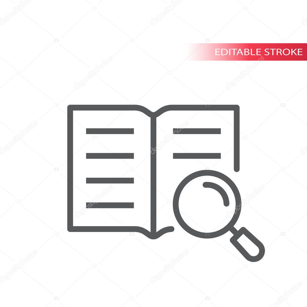 Open book and magnifying glass or magnifier vector icon. Manual, instruction outline icon, editable stroke.