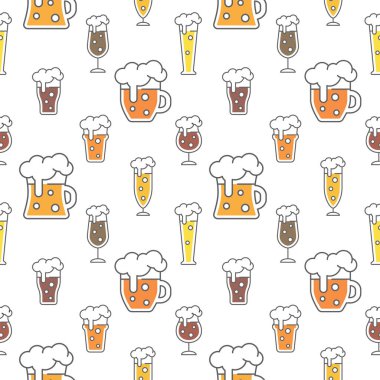 Bira tipleri renksiz desen tasarımı. Bira bardakları, bira bardakları, bira bardakları, şirin vektör desenleri..