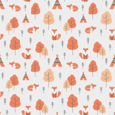 Kızıl Tilki çizgi filmi ve Forrest kusursuz desen. Tilkiler, çadır ve ağaçlar, turuncu ve kırmızı renkte sonbahar deseni tasarımı.