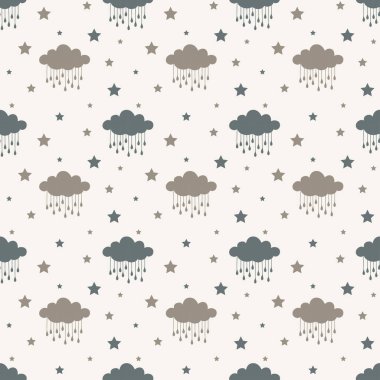 Bulutlar ve yağmur damlaları pürüzsüz. İzler, kumaş veya arkaplan için vektör deseni tasarımı.