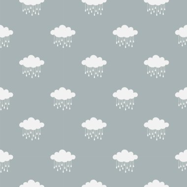 Bulutlar ve yağmur damlaları vektörsüz desen oluşturuyor. Yazdırma, kumaş veya kağıt için mavi arkaplan desenli beyaz bulut.