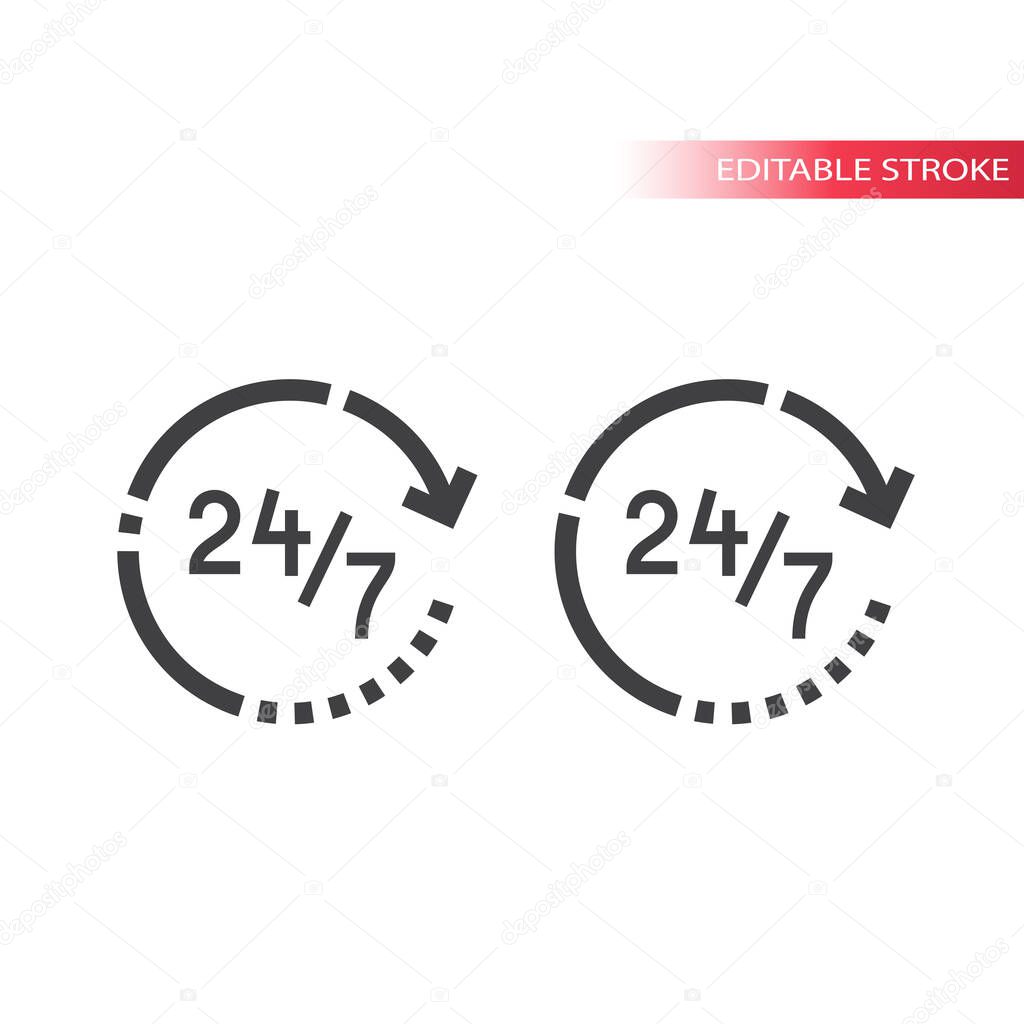 Non stop service thin line vector icon. 24/7 support outline symbol or nonstop, editable stroke.