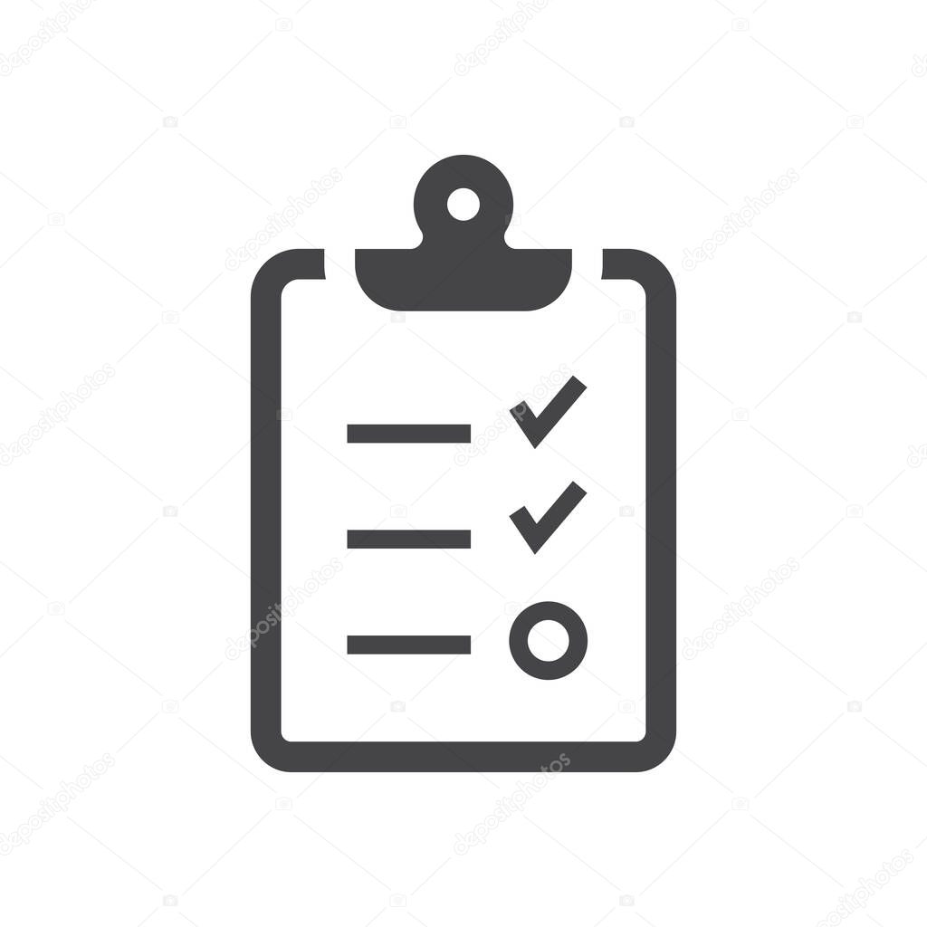 Clipboard checklist black vector icon. Task list with tick check mark glyph symbol.
