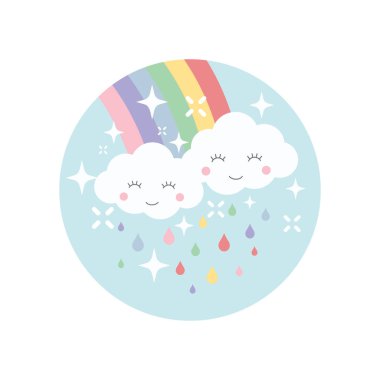Bulutlar ve gökkuşağı renkli çizgi film tasarımı. Gökkuşağı, mutlu şirin bulut ve yağmur damlaları tişört, baskı, çıkartma için resim şablonu.