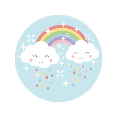 Bulutlar ve gökkuşağı renkli çizgi film tasarımı. Gökkuşağı, mutlu şirin bulut ve yağmur damlaları tişört, baskı, çıkartma için resim şablonu.