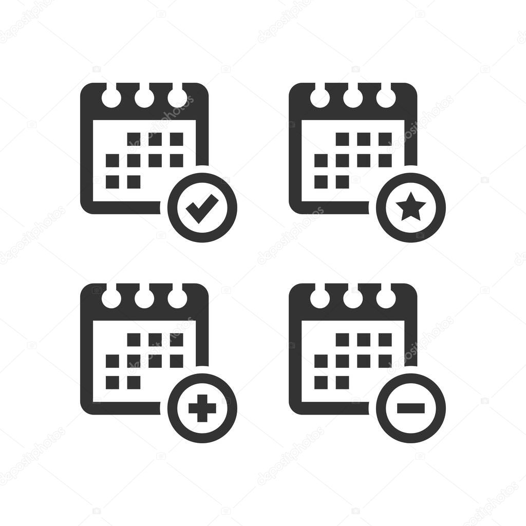 Calendar simple vector icon set. Calendar with plus, minus, tick and star symbol.