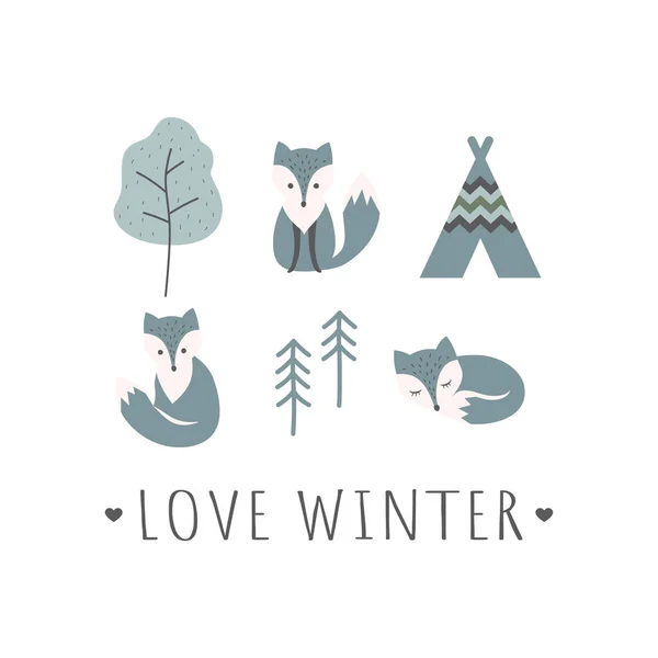Love Winter Slogan Cartoon Shirt Template Colorful Arctic Fox Character — Stock Vector