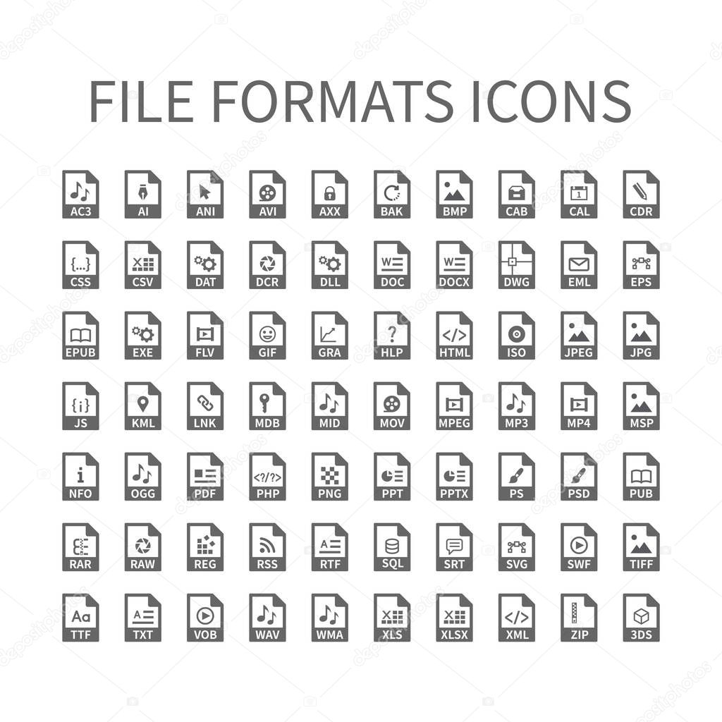 File type vector icons. File format icon set, files buttons.