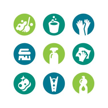 Temizleme evi vektör simgesi ayarlandı. Süpürge, süpürge ve kova, sünger ve bez simgeleri.