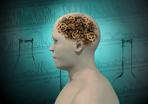 Humanoïde Hoofd Met Herkenbaar Radertjes Plaats Van Hersenen Illustratie Modellering — Stockfoto