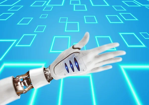 close-up open robotic hand with exposed gears, virtual environment background
