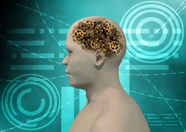 humanoid head with apparent cogs in place of the brain, illustration and 3D modeling