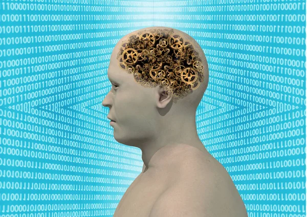 humanoid head with apparent cogs in place of the brain, illustration and 3D modeling