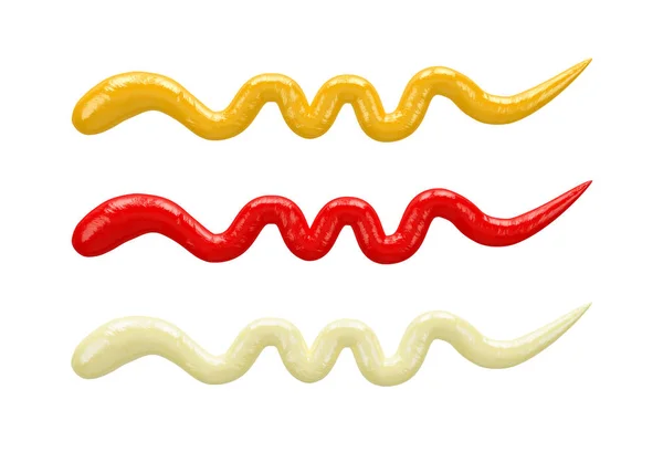 Splash Majonéz Mustár Ketchup Kerámia Edény Belsejében Elszigetelt Fehér Háttér — Stock Fotó
