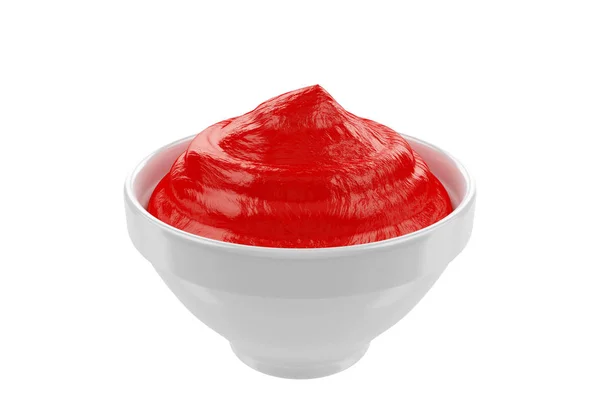 Ketchup Dentro Vaso Cerâmico Isolado Fundo Branco Vista Frontal Renderização — Fotografia de Stock