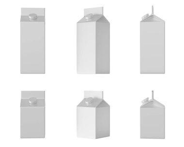 Beyaz süt, beyaz arka plan, üç görünüm, 3d illüstrasyon izole altı karton