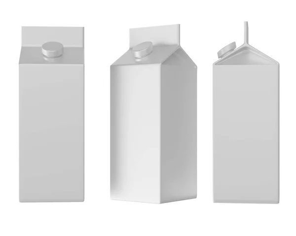 Tre Kartonger Med Vit Mjölk Isolerad Vit Bakgrund Tre Vyer — Stockfoto