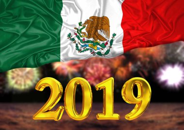 numarası 2019, yeni yıl, Meksika, arka plan havai fişek bayrağı arkasında. Ulusal yeni yıl kutlama