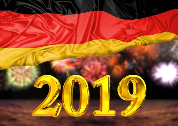 Nummer 2019 Neujahr Hinter Der Flagge Deutschlands Hintergrund Feuerwerk Nationale — Stockfoto