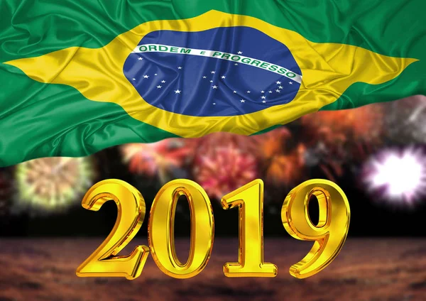 Numero 2019 Anno Nuovo Dietro Bandiera Del Brasile Fuochi Artificio — Foto Stock