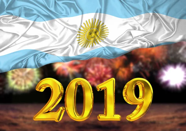 Number 2019 New Year Flag Argentina Background Fireworks National New — Stock Photo, Image
