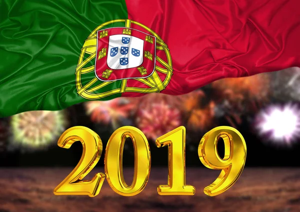 Numero 2019 Anno Nuovo Dietro Bandiera Del Portogallo Fuochi Artificio — Foto Stock