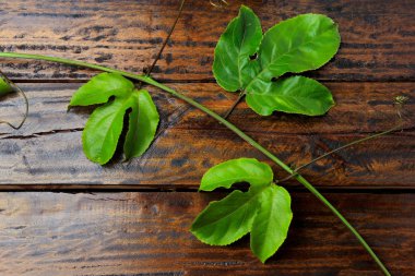 dalları ve yaprakları sarı tutku meyve üzerinde ahşap masa izole. Üstten görünüm portre