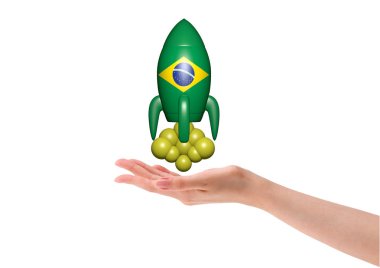 El, ülkenin ekonomik büyüme gösteren Brezilya bayrağı ile roket. Beyaz arka plan. 3D çizim