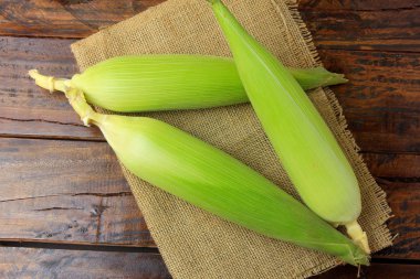 ham Mısır çiftliğinde rustik ahşap masa üzerinde rustik bez üzerinden hasat, kulak. üstten görünüm