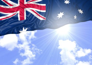 National flag of Australia hoisted outdoors with sky in background. Australia Day Celebration. Front view clipart