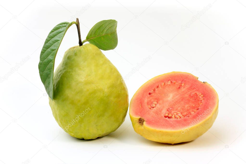 close-up guava fruit, pink, fresh, organic, with leaves, whole and sliced, isolated on white background. Front view