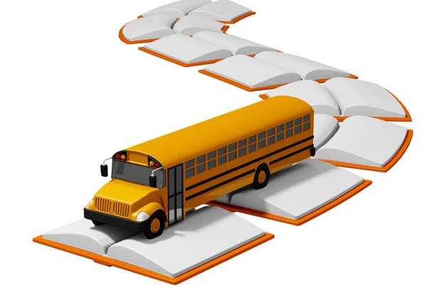 スクールバスの本の道路上を流れます 学校のコンセプトです 白い背景 レンダリング — ストック写真