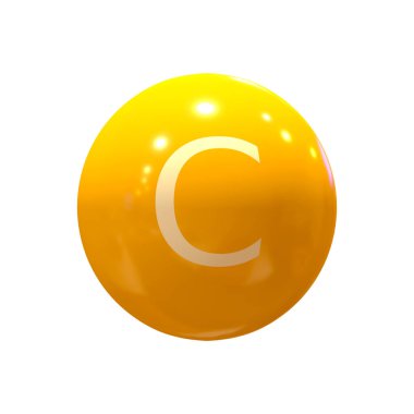 C vitamini kapsül, portakal rengi, beyaz arka planda, 3d render Close-up