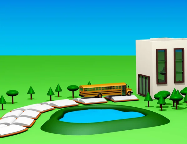 概念说明 回到学校与公共汽车 学校场地和卡通风格的树木 — 图库照片