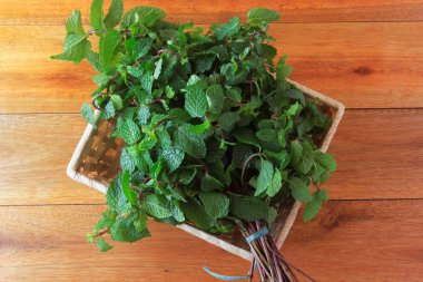 Rustik ahşap masa üzerinde sepet içinde yeşil organik taze nane grubu. Şifalı ve mutfak kullanımları ile aromatik nane