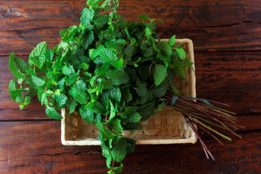 Rustik ahşap masa üzerinde sepet içinde yeşil organik taze nane grubu. Şifalı ve mutfak kullanımları ile aromatik nane