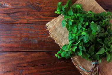 Rustik ahşap masada taze organik yeşil nane grubu. Şifalı ve mutfak kullanımları ile aromatik nane