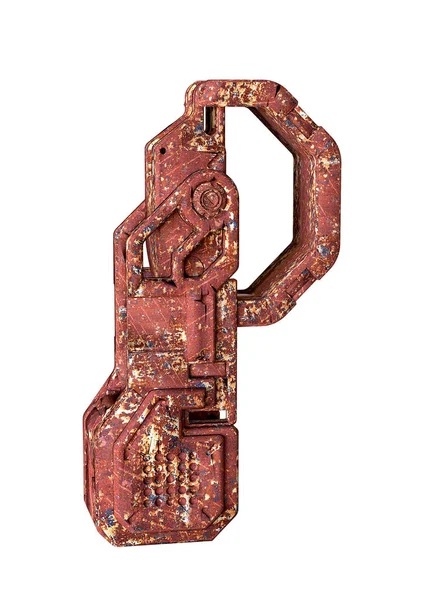 アルファベットの文字P、老化鉄の機械部分で構築されたタイポグラフィ。3d レンダリング — ストック写真