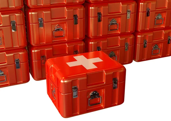 paramedics first aid kit box in emergency care with medicines and supplies stacked in hospital