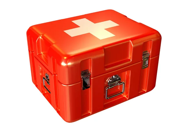 Paramedics first aid kit box in emergency care with medicines and supplies, white background isolated — Stock Photo, Image