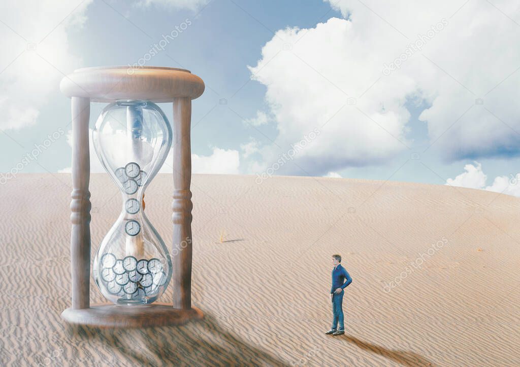man before hourglass, in the desert, watching time run out. End of time concept, doomsday and fulfillment of biblical prophecies. 3D rendering