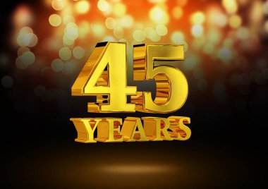 Anniversary 45 years gold 3D isolated on an elegant bokeh background. 3D rendering clipart