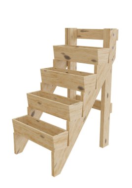 Kutular boş ahşap ekran rafları, beyaz arka planda izole edilmiş. 3B görüntüleme