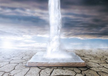 Bible open in the dry and arid desert spouting water. Concept of salvation through the Holy Scriptures. Biblical Christianity clipart