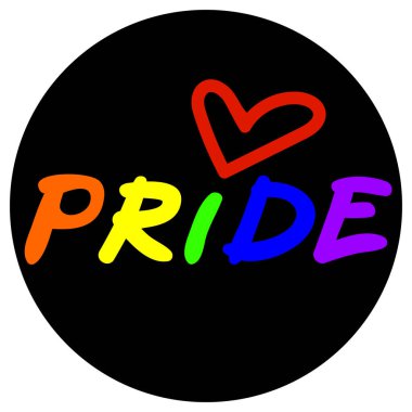 Gururlu LGBT yuvarlak etiketli renkli harfler ve lgbt desteği ve adaletin sembolü olarak kırmızı kalp, hak ve tutum eşitliği, lgbt hareketinin logosu olarak gurur