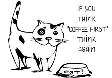 Herhangi bir ev dekorasyonu için komik harfli, posterli ya da baskılı Doodle kedi çizimi. Beyaz yeniden boyutlandırılabilir vektör çiziminde siyah izole