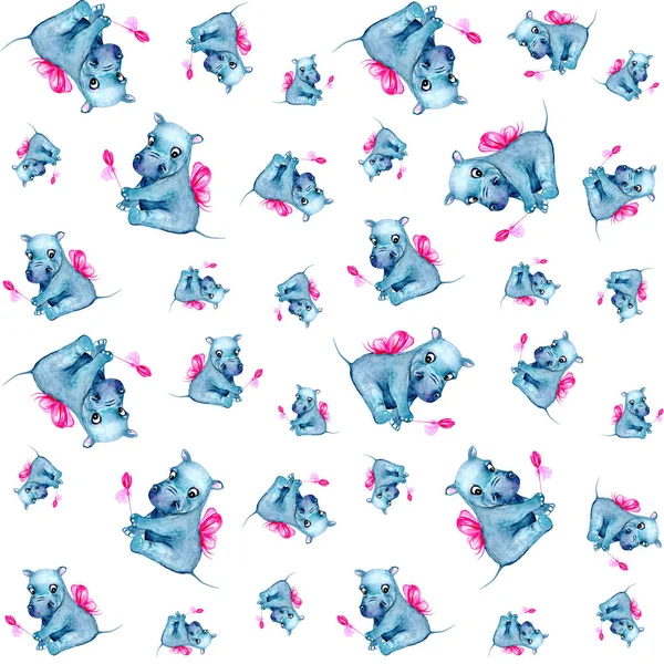 Entzückendes Aquarell Muster Mit Feen Nilpferd Illustration Mit Weißem Hintergrund — Stockfoto