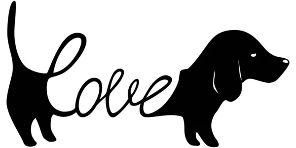 İçinde sevgi kelimesi olan Dachshund illüstrasyonu, köpek sever işareti beyaz üzerinde siyah izole edilmiş, tişört ve köpek kıyafetleri için şirin baskı