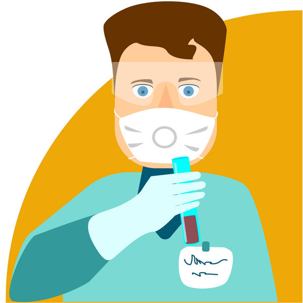 Lab works with coronavirus test. Flat vector illustration of person in mask with lab tube and blood test. Illustration of medical research, vaccine developing or lab blood analyzing